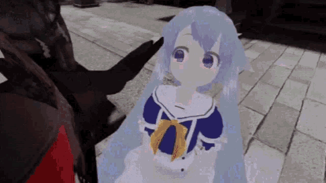 a girl with purple eyes is standing next to a person in a video game .