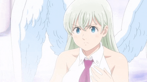 a girl with white hair and blue eyes is wearing a white shirt and purple tie