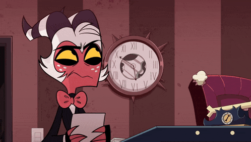 a cartoon character holding a piece of paper in front of a clock