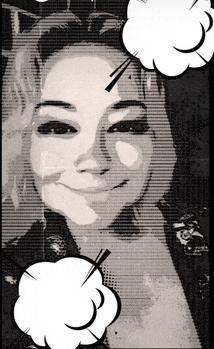 a black and white photo of a woman with a speech bubble around her head