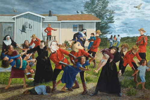 a painting of a group of people including a man in a horse mask