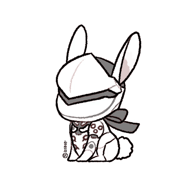 a cartoon drawing of a rabbit with a red bow around its neck .