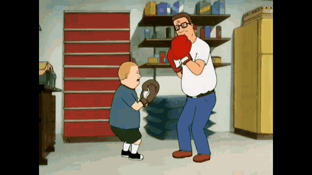 a cartoon of a man wearing boxing gloves standing next to another man