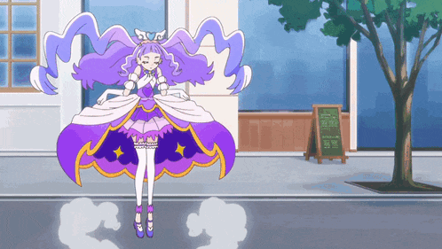 a girl in a purple dress is dancing in front of a building