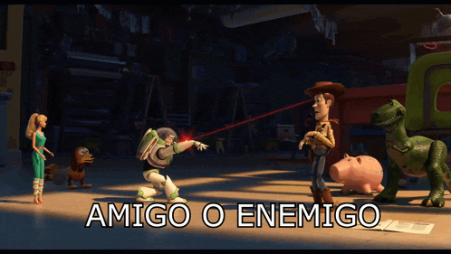a toy story scene with the words amigo o enemigo in the corner