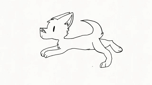 a black and white drawing of a cat jumping in the air on a white background .