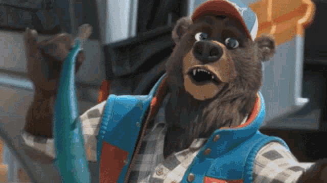a cartoon bear wearing a plaid shirt and a blue vest is holding a fish