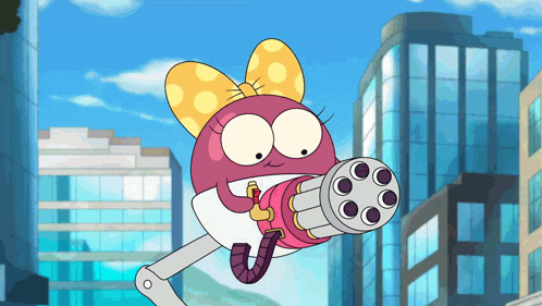 a cartoon character is holding a gun in her hand