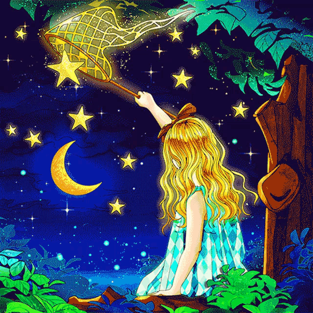 a girl is catching a star with a net