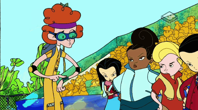 a group of cartoon characters are standing in front of a building that says cartoon network on it
