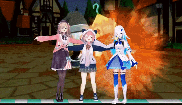 three anime girls are standing next to each other with a question mark in the background