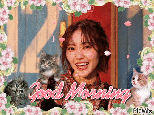 a picture of a woman and two kittens with the words good morning written on it
