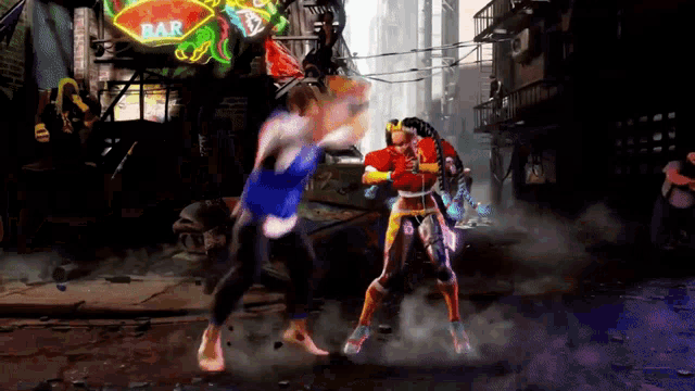 a video game scene with a neon sign that says bar on it
