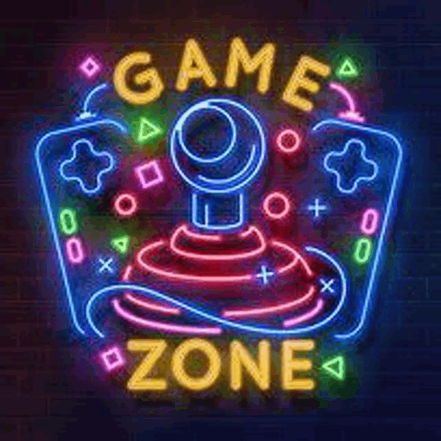 a neon sign that says `` game zone '' with a game controller on a dark brick wall .