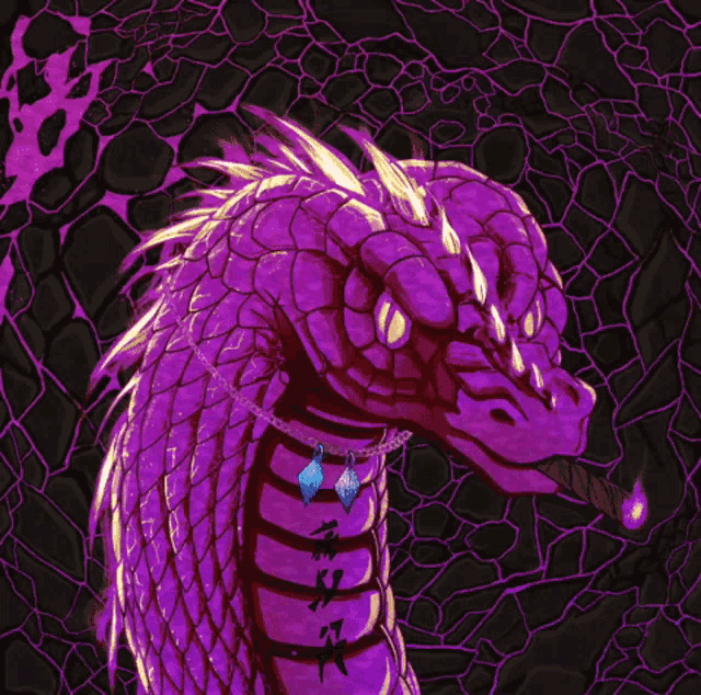 a purple dragon with a necklace around its neck looks at the camera
