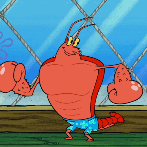 a cartoon lobster with a tattoo of y on his arm