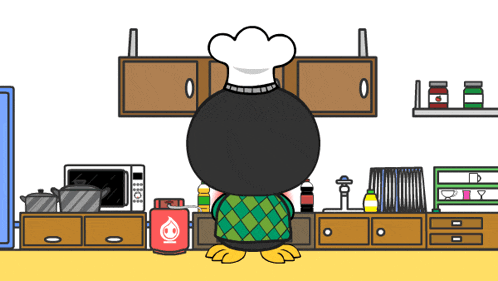 a cartoon penguin wearing a chef 's hat stands in a kitchen