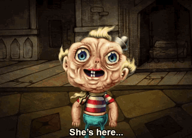 a cartoon character says she 's here in front of a castle