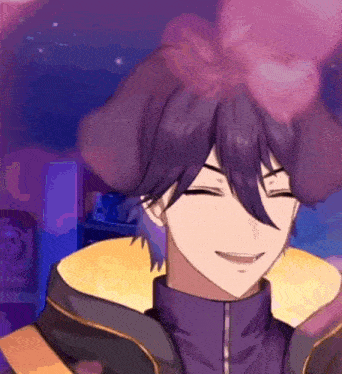 a close up of a person with purple hair and a purple background .