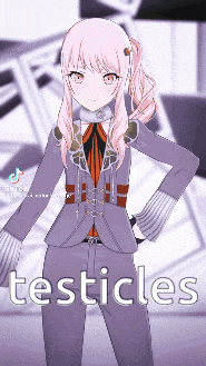 a girl with pink hair is standing in front of a sign that says testicles ..