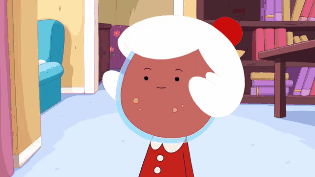 a cartoon character with a red cherry on her head