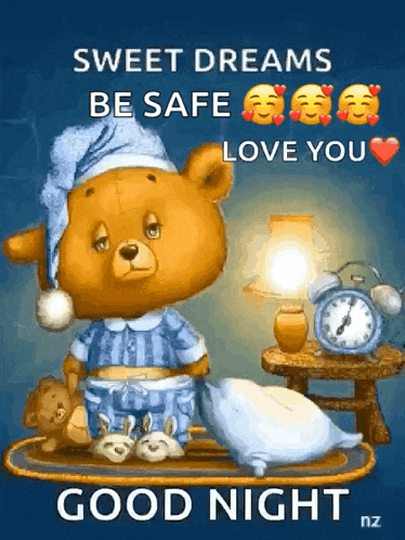 a teddy bear is sitting on a tray next to an alarm clock and a lamp and says sweet dreams be safe