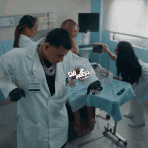 a man in a lab coat has a badge that says sab fresca
