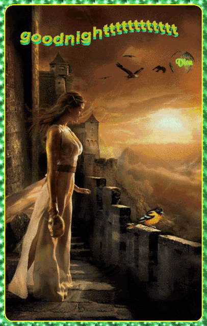 a painting of a woman standing on a balcony with the words goodnight written on the bottom