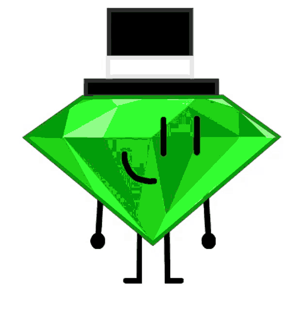 a green diamond with arms and legs wearing a top hat and smiling .