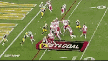 a football game is being played on a field with a sign that says ' last goal ' on it