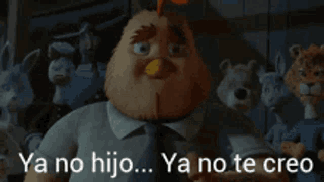 a cartoon character says ya no hijo ya no te creo in front of a group of stuffed animals