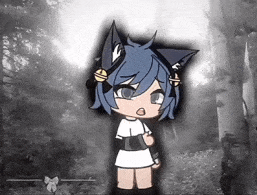 a black and white drawing of a girl with blue hair and cat ears