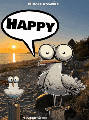 a cartoon of two seagulls on a beach with a speech bubble that says happy