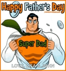 a happy father 's day greeting card with a cartoon of a man wearing a super dad shirt .