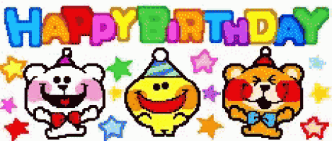 a happy birthday greeting card with three teddy bears wearing party hats .