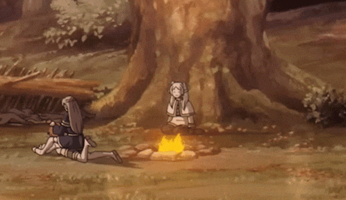 a couple of anime characters are sitting around a campfire in the woods .