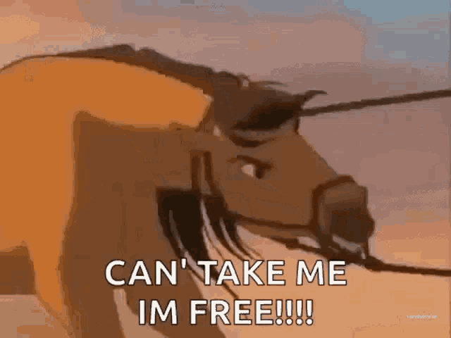a cartoon horse is being pulled by a rope and says `` can 't take me im free !! ''
