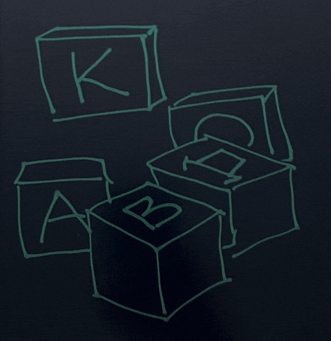 a drawing of blocks with the letters k a b and c written on them