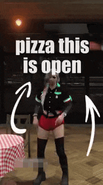 a woman is standing in front of a sign that says pizza this is open ..