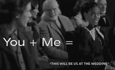 a group of people are sitting in a room with the words `` you + me = this will be us at the wedding ''