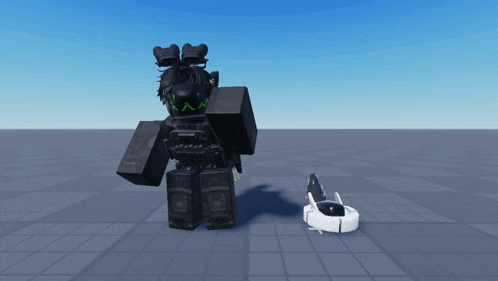 a robot is standing next to a white robot that looks like a vacuum cleaner