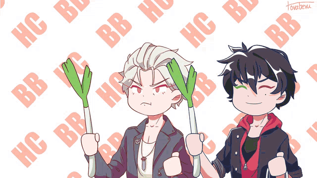 a drawing of two anime characters with the letters hc and bb in the background