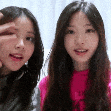 two young girls are standing next to each other and smiling .