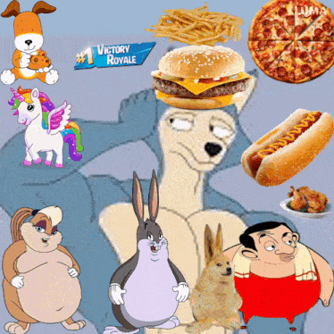 a collage of cartoon characters with a victory royale logo in the corner