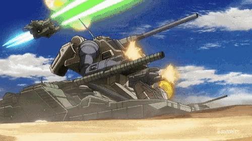 a cartoon of a tank with a green light coming out of it 's cannon