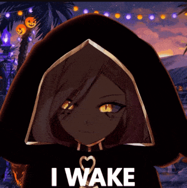 a picture of a girl with a hood that says ' i wake ' on it