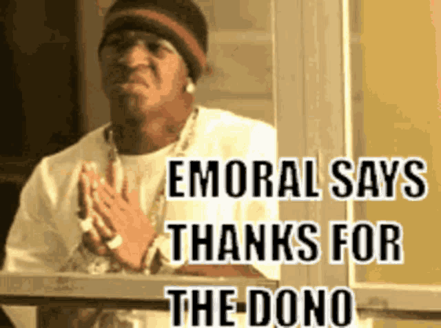 a man wearing a beanie and a white shirt says emoral says thanks for the dono
