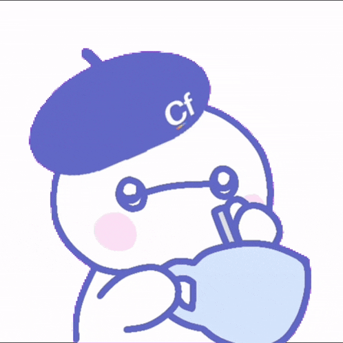 a cartoon character is wearing a purple beret with the letter cf on it
