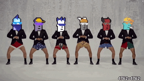 a group of men in suits and underwear are dancing in a line