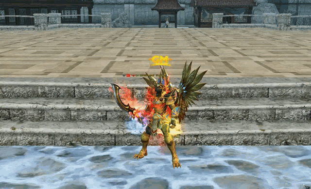 a video game character is standing on a set of stairs with a sword in his hand
